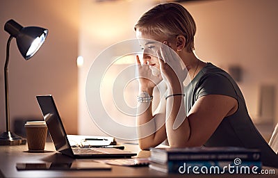 Business woman, headache and computer work at night in a office with project report stress. Working in dark, anxiety and Stock Photo