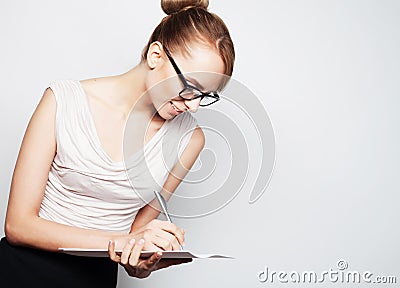 Business woman hold pages of paper Stock Photo