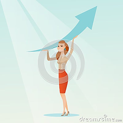 Business woman holding arrow going up. Vector Illustration