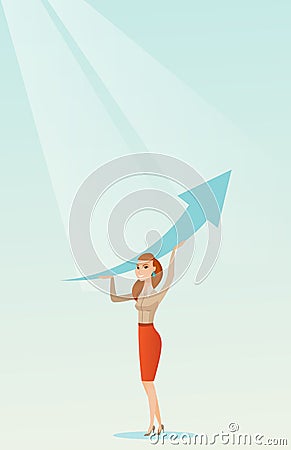 Business woman holding arrow going up. Vector Illustration