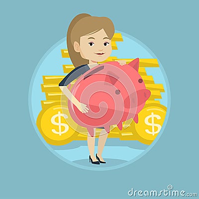 Business woman holding big piggy bank. Vector Illustration