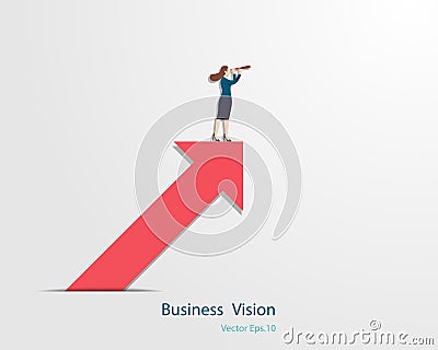 Business woman holding binocular standing on arrow looking up to success goal Vector Illustration