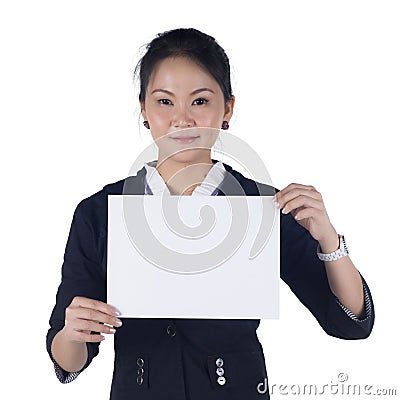 Business woman holding a blank sign board Stock Photo