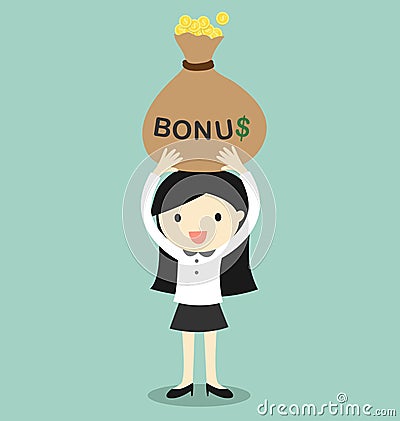 Business woman holding bonus and feeling happy. Vector Illustration