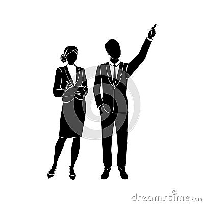 Business woman holding clipboard and writing. Businessman, manager points forward finger. Vector illustration black on white Vector Illustration