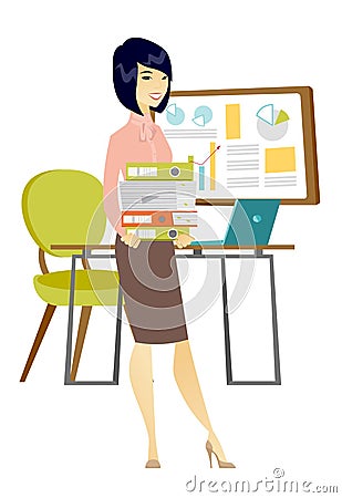 Business woman holding pile of folders. Vector Illustration