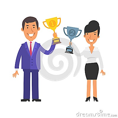 Business woman holding silver cup and smiling. Businessman holding gold cup and smiling. Vector characters Vector Illustration