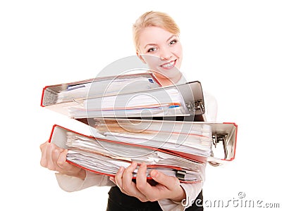 Business woman holding stack of folders documents Stock Photo
