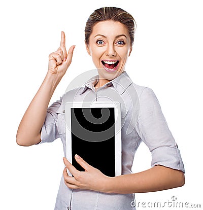 Business woman holding a tablet computer with finger up on white background Stock Photo