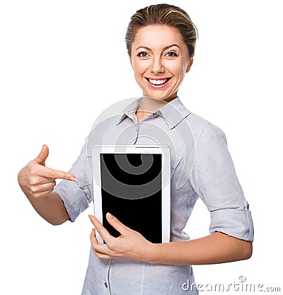 Business woman holding a tablet computer and showing on black screen on white background Stock Photo