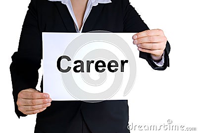 Business woman holding career-label Stock Photo