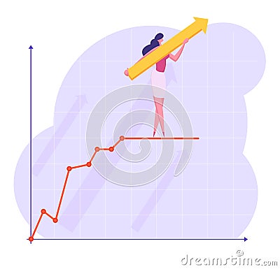 Business Woman with Huge Arrow in Hands Stand on Top of Growing Business Chart Curve Line on Coordinate System Vector Illustration