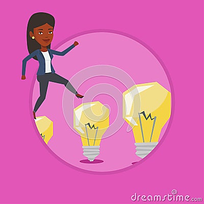Business woman jumping on light bulbs. Vector Illustration