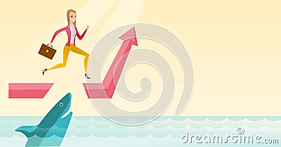 Business woman jumping over ocean with shark. Vector Illustration