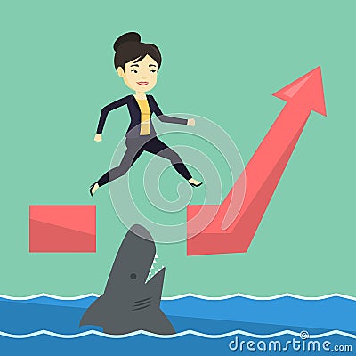 Business woman jumping over ocean with shark. Vector Illustration