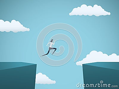 Business woman jumps across gap vector concept. Symbol of business challenge, opportunity, success, ambition and Vector Illustration