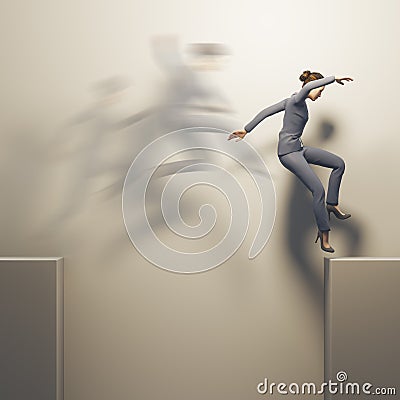Business woman jumps over a gap Cartoon Illustration