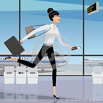 Business woman late for the plane Vector Illustration