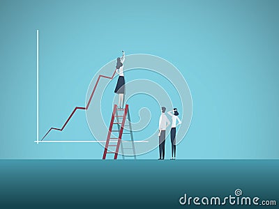 Business woman leader and teamwork vector concept. Businesswoman drawing growth chart, symbol of team cooperation Vector Illustration