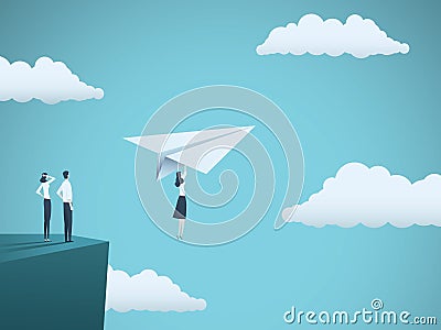 Business woman leader vector concept. Businesswoman flying with paper plane off a cliff. Symbol of strength, creativity Vector Illustration