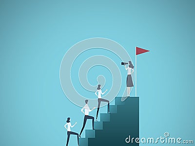 Business woman leader vector concept. Businesswoman speaking to team climbing stairs with megaphone. Symbol of Vector Illustration