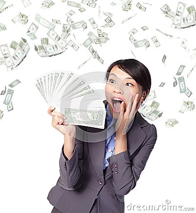 Business woman look handful of money Stock Photo