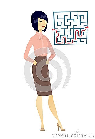 Business woman looking at labyrinth with solution Vector Illustration