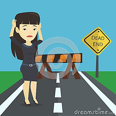 Business woman looking at road sign dead end. Vector Illustration