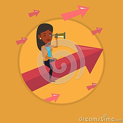 Business woman looking through spyglass. Vector Illustration