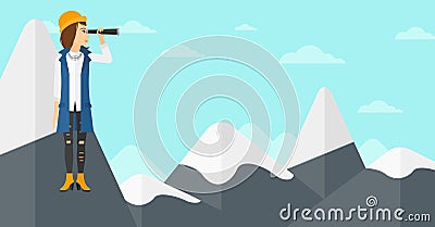 Business woman looking through spyglass. Vector Illustration