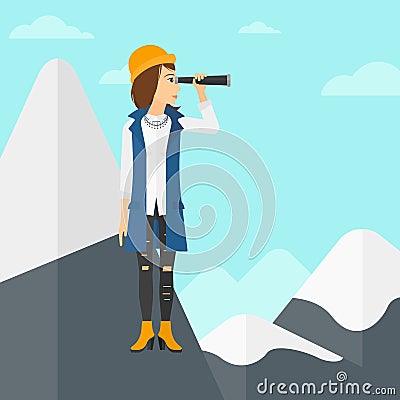 Business woman looking through spyglass. Vector Illustration