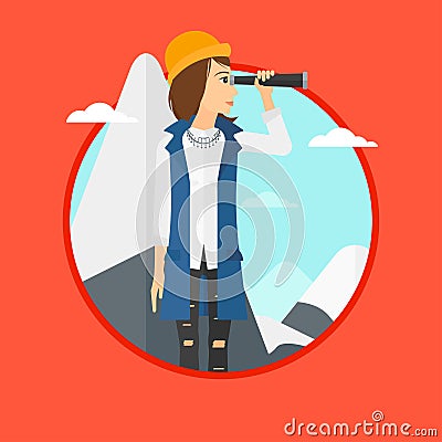 Business woman looking through spyglass. Vector Illustration