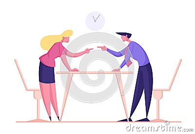 Business Woman and Man Arguing and Having Fight, Quarrel in Office. Business People Dispute Vector Illustration