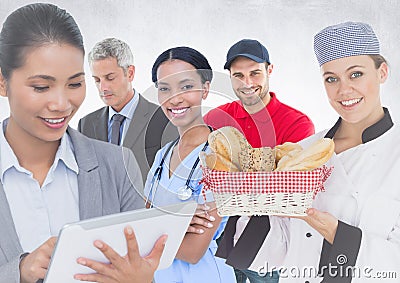 Business woman and man, doctor, chef and delivery man against white background Stock Photo