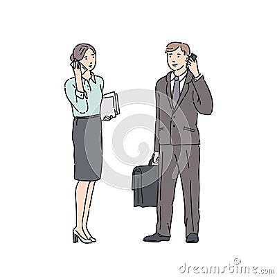 Business woman and man in strict suit talking on phone. Vector illustration in line art style isolated on white Vector Illustration