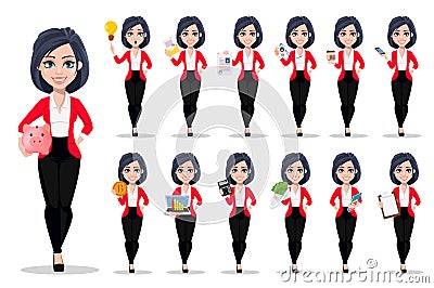 Business woman, manager, banker. Beautiful female banker in business suit. Vector Illustration