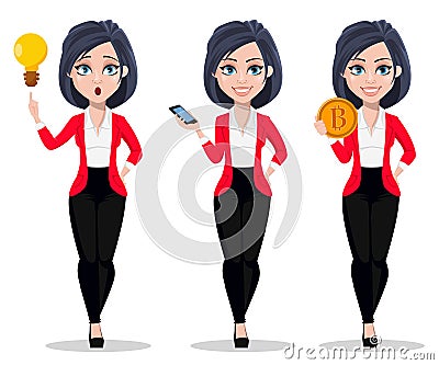 Business woman, manager, banker, set of three poses. Vector Illustration