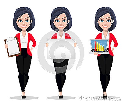 Business woman, manager, banker, set of three poses. Vector Illustration