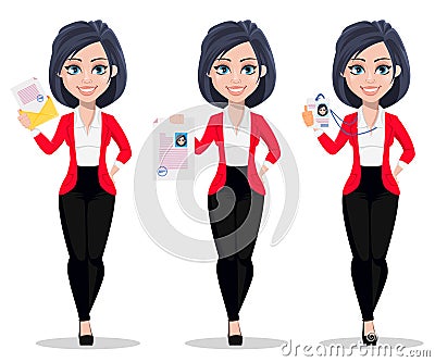 Business woman, manager, banker, set of three poses. Vector Illustration