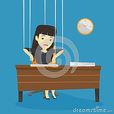 Business woman marionette on ropes working. Vector Illustration