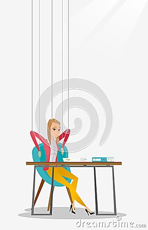 Business woman marionette on ropes working. Vector Illustration