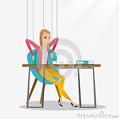 Business woman marionette on ropes working. Vector Illustration