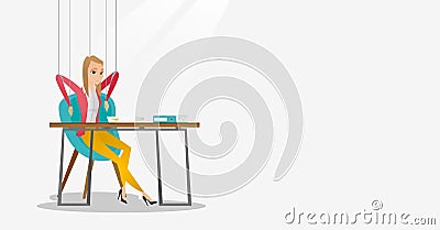 Business woman marionette on ropes working. Vector Illustration