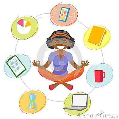 Business woman meditating in yoga lotus position. Vector Illustration
