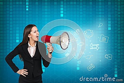 Business woman with megaphone is yelling Stock Photo