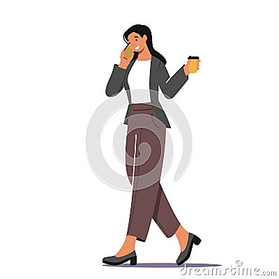 Business Woman Morning Takeaway Drink Refreshment. Young Businesswoman Character in Formal Wear Drinking Coffee Vector Illustration