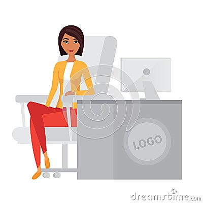 Business woman, office manager at computer desk. Vector character. Vector Illustration