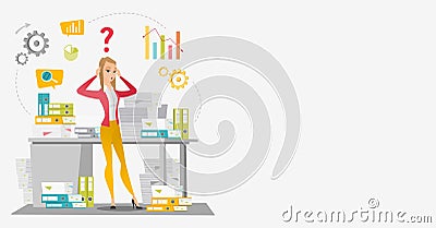 Business woman overloaded with paperwork. Vector Illustration