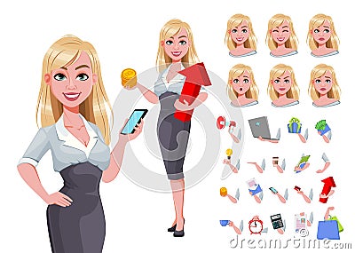 Business woman, pack of body parts, emotions and things. Vector Illustration