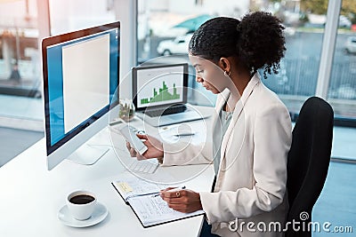 Business woman with phone, notebook and schedule at desk with calendar app and daily agenda at corporate agency Stock Photo